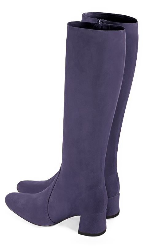 Lavender purple women's feminine knee-high boots. Round toe. Low flare heels. Made to measure. Rear view - Florence KOOIJMAN